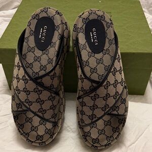 Gucci Women's Monogram Beige and Black Slippers